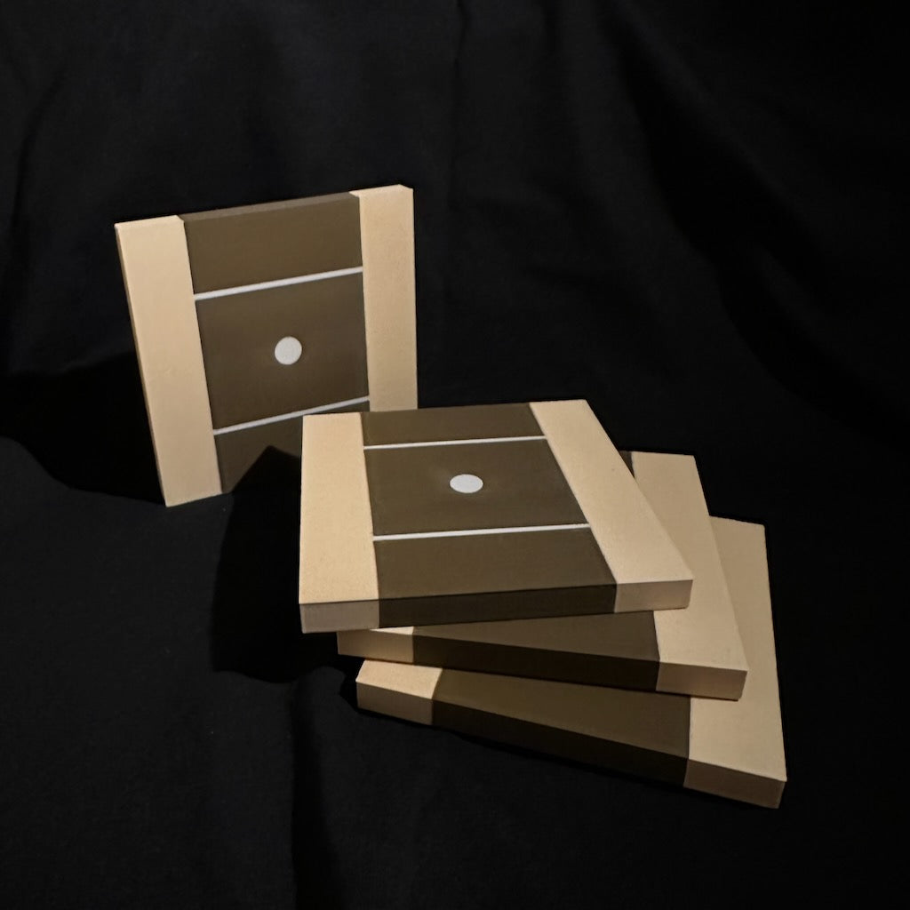 4 square guitar neck Coasters 4" 100mm square in size with light maple colour edges and walnut colour in the middle to signify the guitar fretboard with Stratocaster dot inlay